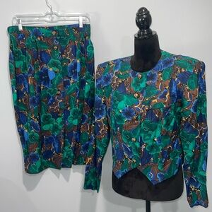 Women’s 1980s April Rain rayon suit blazer and skirt floral print rayon